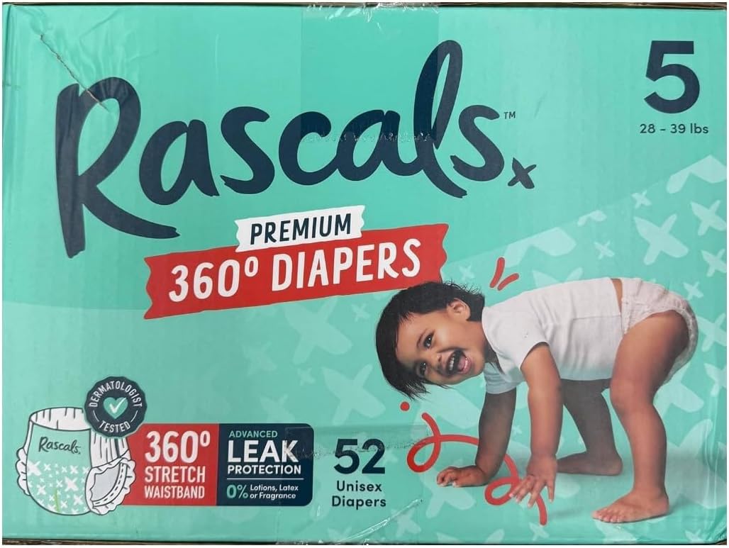 Rascal + Friends Premium 360 Absorbent Pull-On Diapers, Size 5, 52 Count ~ (1 Pack).