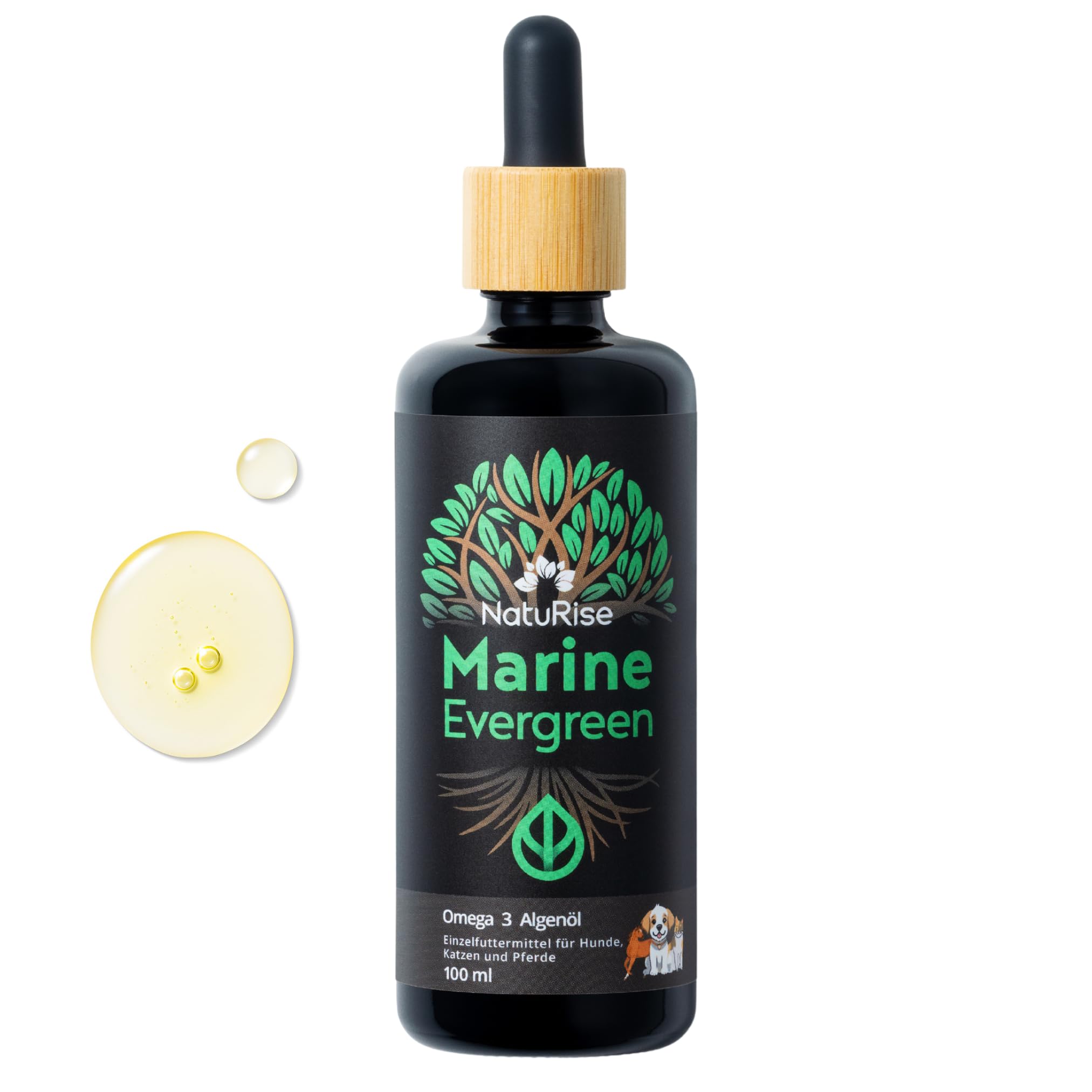 NatuRise® Omega 3 Algenöl für Haustiere Vegan [100ml] - Algen Öl für Hunde, Katzen & Pferde mit 1822mg DHA & EPA - Laborgeprüft - Triglycerid-Form - UV-Glas, Pipette & Dosierskala - Algengeschmack
