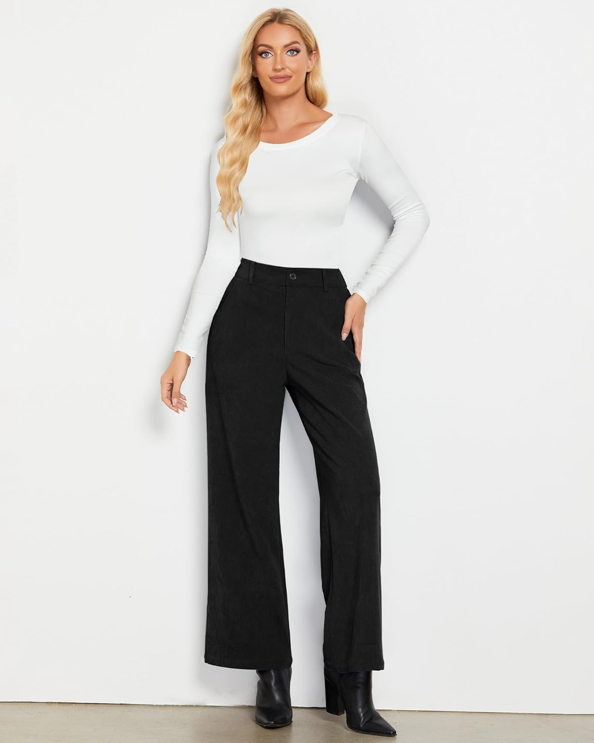 GRAPENT Corduroy Wide Leg Pants Woman High Waisted Fall Business Casual Elastic Waist Loose Trendy Trousers with Pockets - Image 7