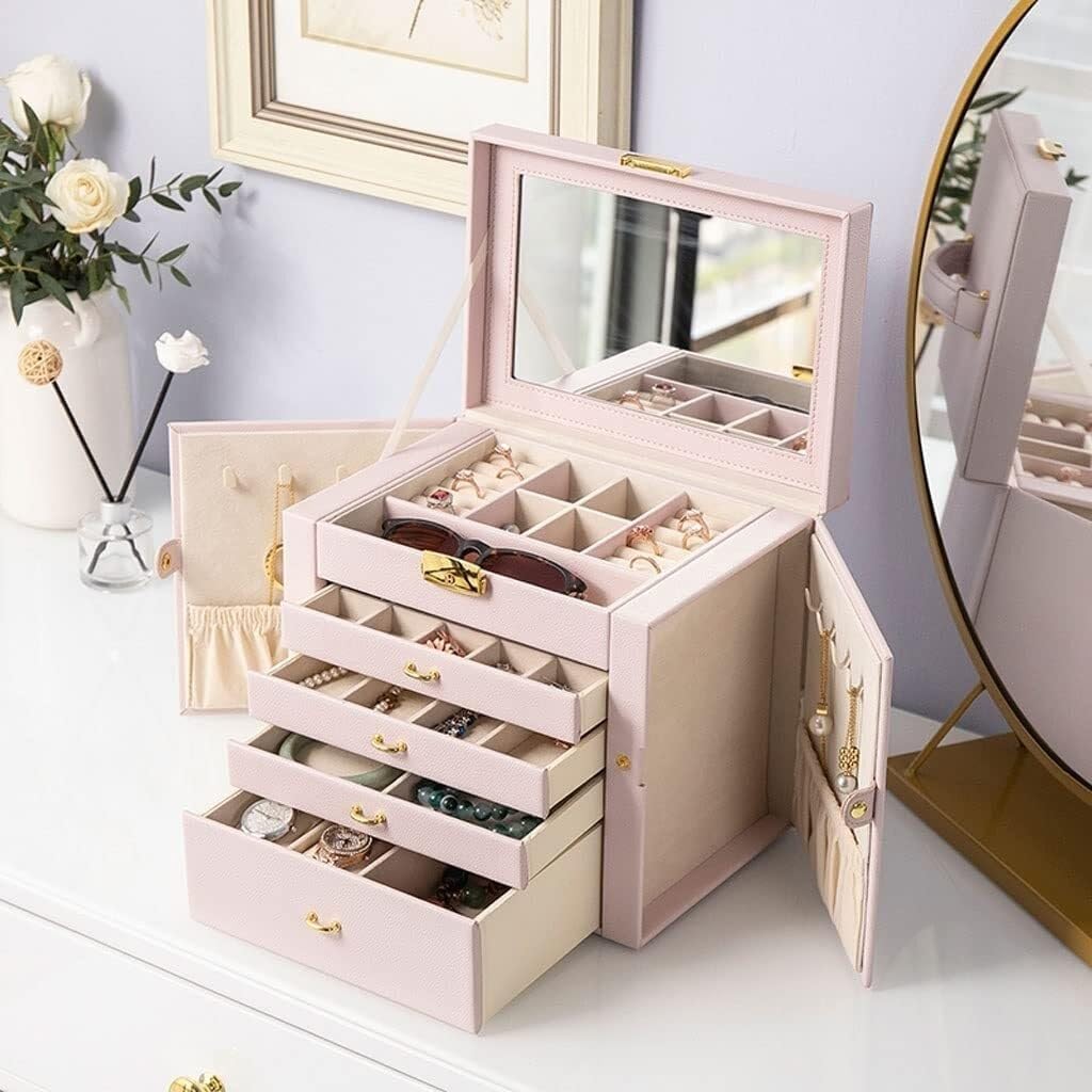 Vintage PU Leather Jewelry Box Organizer for Women and Girls, Large Capacity with Mirror and Lock, Portable Storage Case for Earrings, Rings, and Accessories