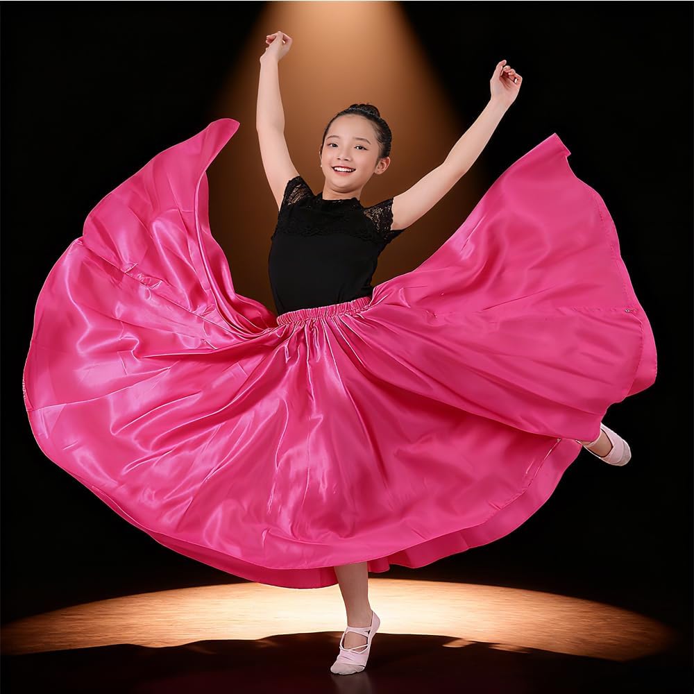 Girls Satin Full Dancing Circle Long Flowy Dance Skirt for Belly Dance, Flamenco, Classical & Folk Dance