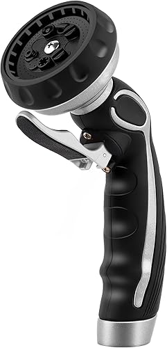 RESTMO Boquilla de manguera con gatillo de autobloqueo fácil, rociador de manguera de agua de metal resistente con 9 patrones de pulverización y