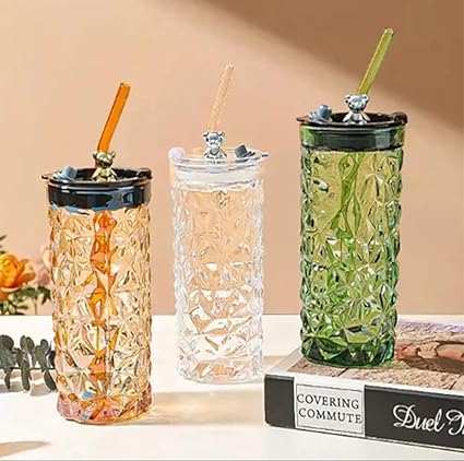 RKK Glass Coffee Mug with Straw Green Tea Sipper Tumbler Mug with Lid Pack Travel Mug, Drinking Glass, Glass Sipper, Mason Jar, Can Sipper, Milk Mug, Juice Cup (Pack of 1)