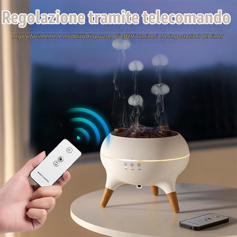 Umidificatore Vulcano, Diffusore di Aromi da 250 ml, Umidificatori Volcano di Fiamma con Nebbia di Medusa, Timer 4 h/8 h, 2 Modalità di Nebbia con Luci LED Colorate e Telecomando per Casa Ufficio