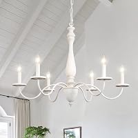 YLCHYTDZSW 6-Light Farmhouse Chandelier - French Country White Wood Dining Room Light Fixture, Adjustable Chain, Rustic Modern for Living Room Bedroom Foyer