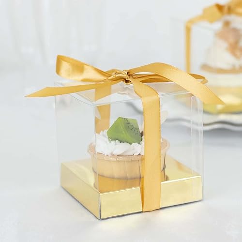 Miniatura 10 de Efavormart - Paquete de 50 cajas cuadradas de plástico transparente y dorado para postres y fiestas, recipientes de alimentos para magdalenas, 4 x 4