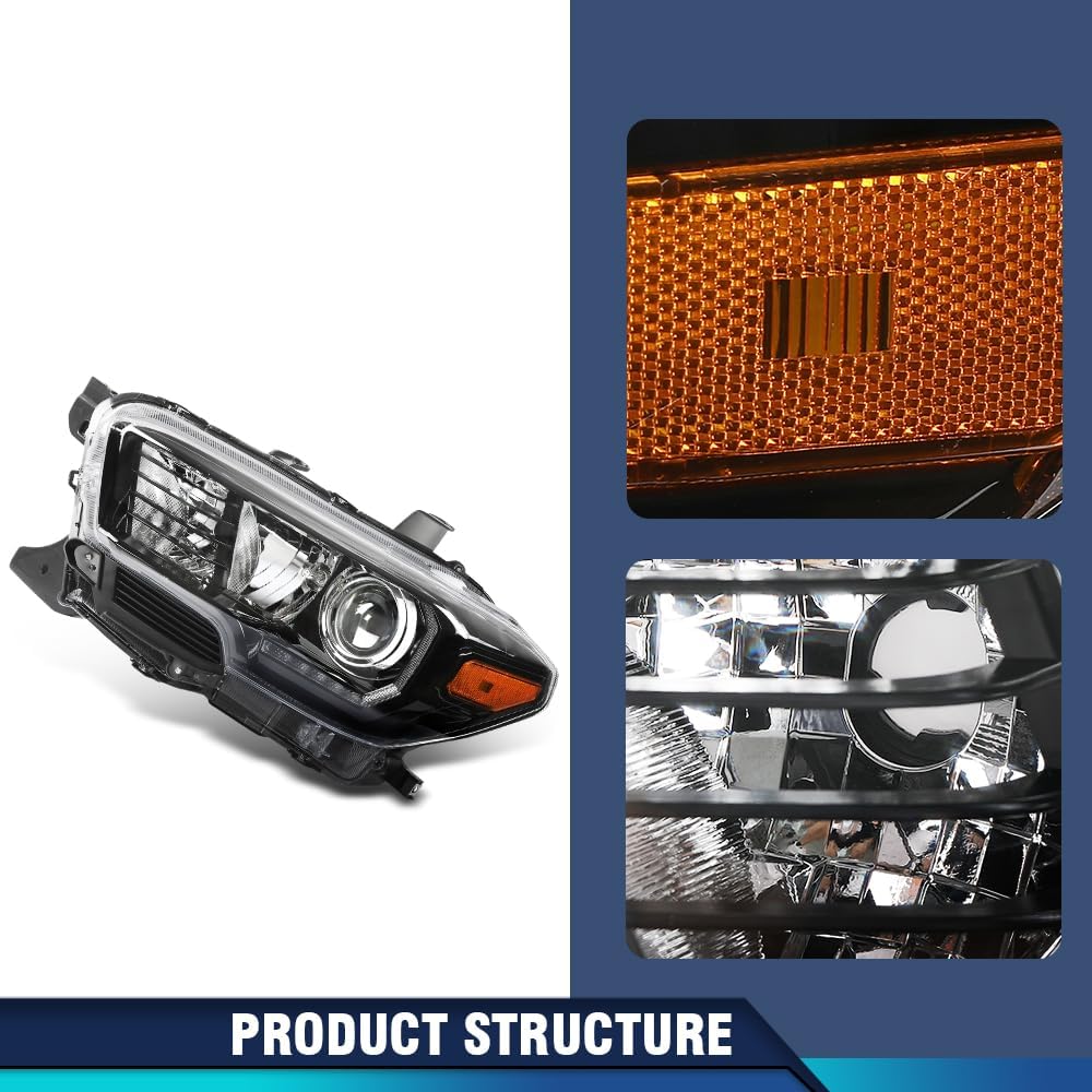 PIT66 LED DRL Front Headlights Assembly Compatible with Toyota Tacoma 2016-2022 Headlamp Pair Clear Lens Black Housing Amber Reflector TO2502244 TO2503244 TO2502254 TO2503254 TO2503243 TO2502243