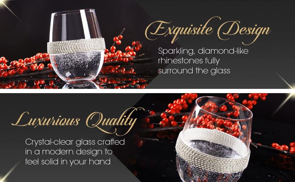 Miniatura 8 de Juego de 2 copas de vino sin tallo de alta calidad, copas de vino de cristal con diseño de diamantes de imitación plateados, 16 onzas