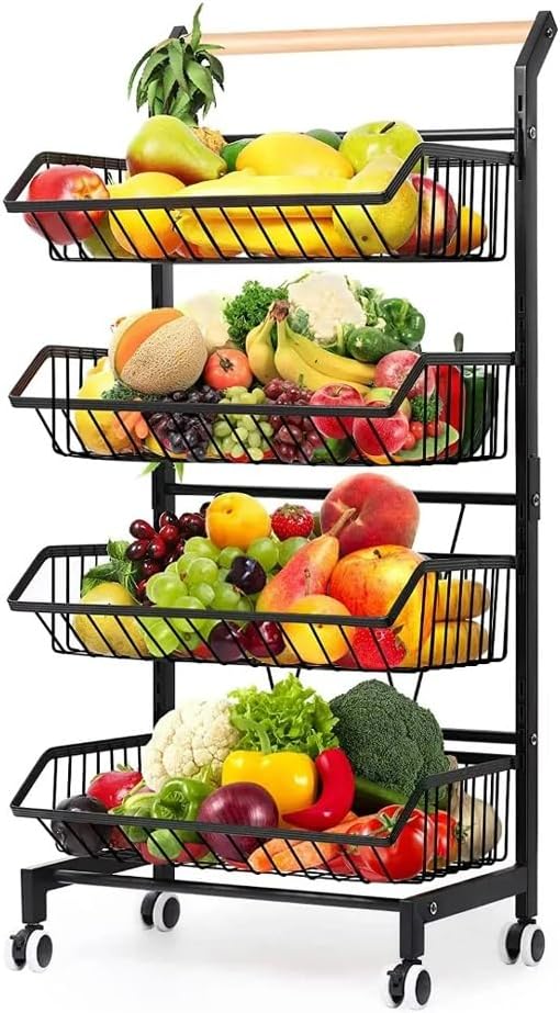 4 Tier Fruit Vegetable Storage Basket Rolling Cart with Handle and Wheels Black Kitchen Island Table