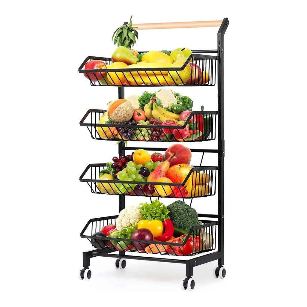 Carrito rodante de 4 niveles para frutas y verduras con asa y ruedas, isla de cocina negra, solución móvil para frutas y verduras, diseño que ahorra espacio