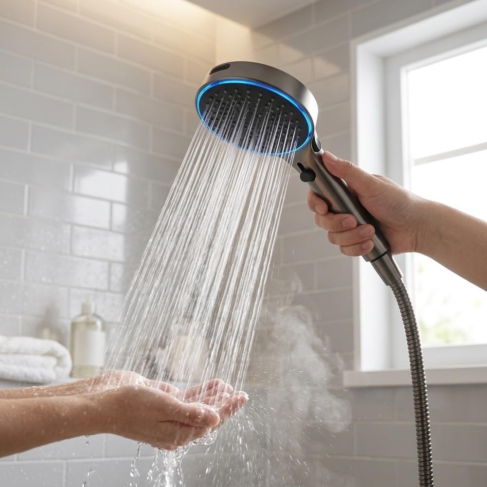 Cabezal para ducha Mano LED Alta Presión 3 Modos Gris Cabezal
