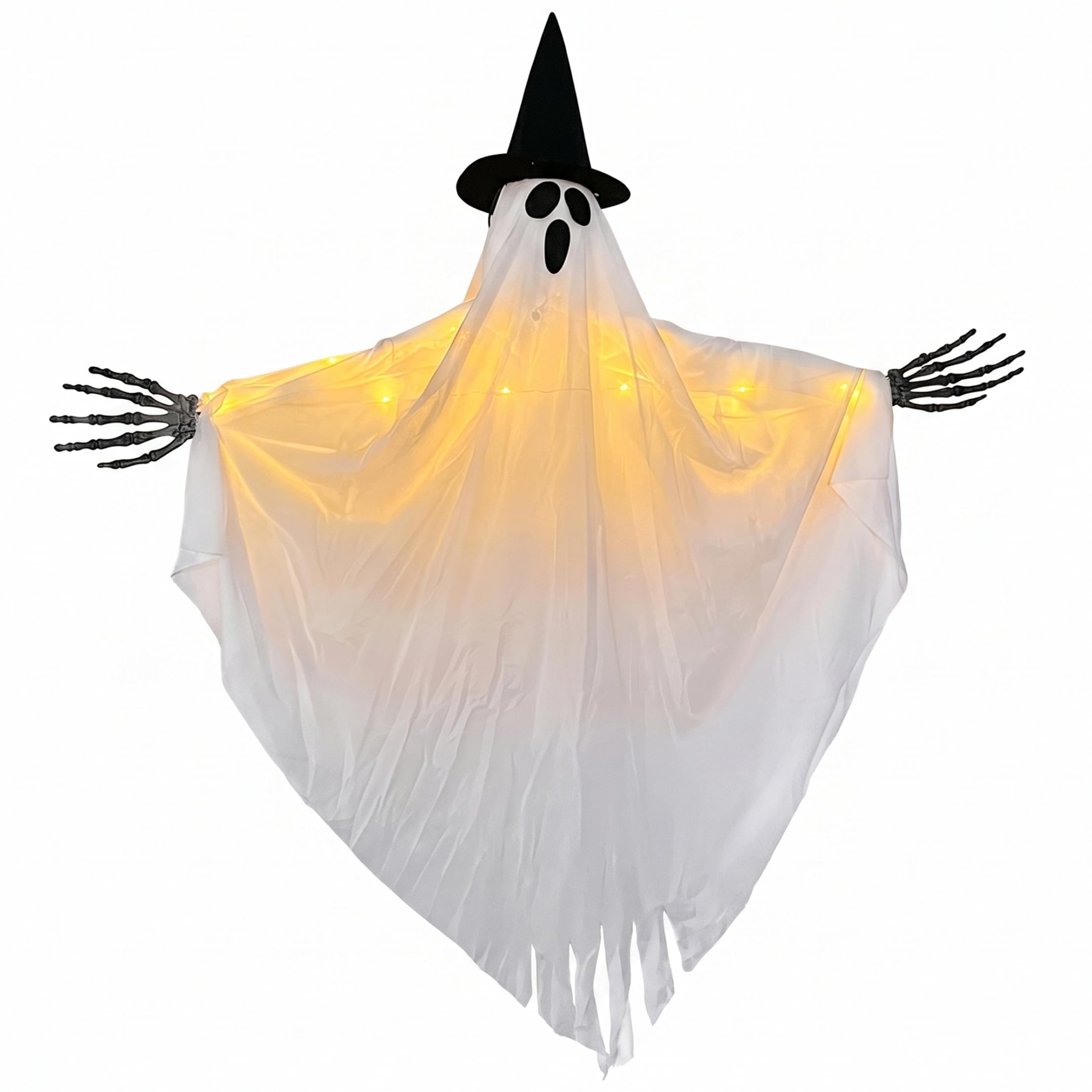 Takingup Swinging Ghost Outdoor Decor, Witch Hat Light Up Ghost Decor for Halloween, White & Black, 31.50×35.43Inch - Light Up
