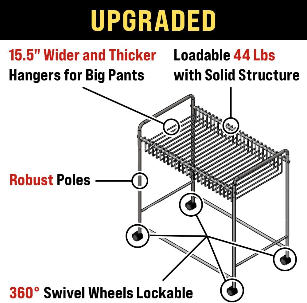 Japard Pants Organizer Rack Trolley with 24 Double Hangers Rolling Trouser Metal Rack, Space Saving Closet - 48 Storage Pants Jeans Scarf (White - 24 Hangers)