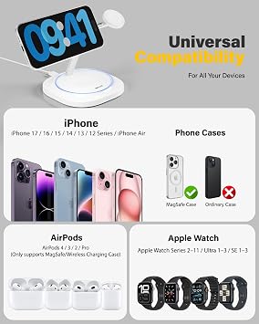 3 in 1 Magnetic Wireless Charger for Apple - Fast Charging Station Compatible with MagSafe for iPhone17-12, Apple Watch& AirPods, Phone and Watch Charger Stand for Desktop Bedside Nightstand (White)