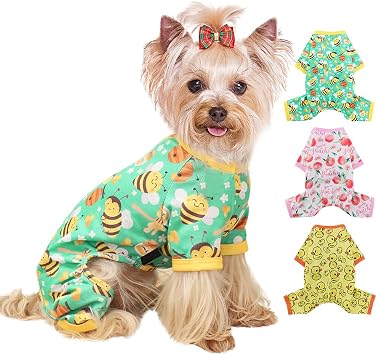 Yikeyo Dog Pajamas Small Sized Boy Girl, Cotton Stretchable Pet Clothes Jammies Puppy Outfits for Dogs Female Male, Spring Summer Doggie Pjs Doggy Bee Green, M
