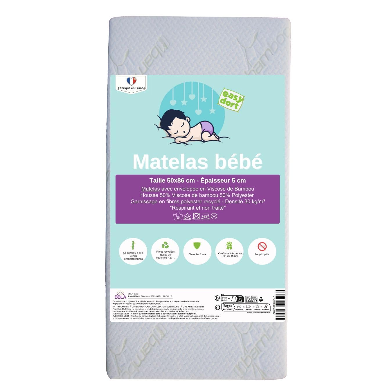 Easy Dort Materac dziecięcy 50x86 cm | Kołyska lub łóżeczko dziecięce | Wyprodukowano we Francji | Lato i zima | Dwustronny | Bardzo wygodny | Pokrowiec bambusowy | Oeko tex® | Biały |