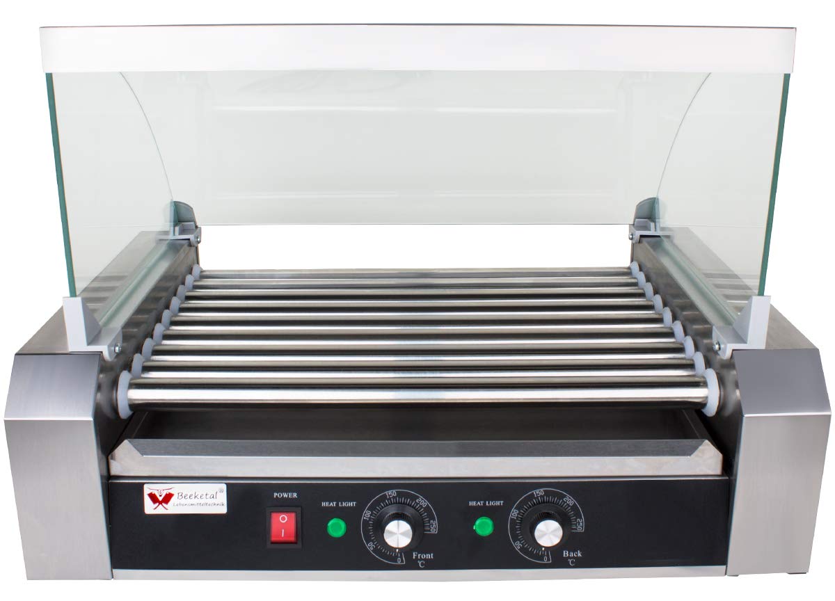 Beeketal 'BH9WG' Profi Hot Dog Grill mit 9 rotierenden Heizstäben, Edelstahl Würstchen Grill Gerät mit Fettauffangschublade und Glas Abdeckhaube, 2 Heizzonen separat stufenlos regelbar 50-250 °C