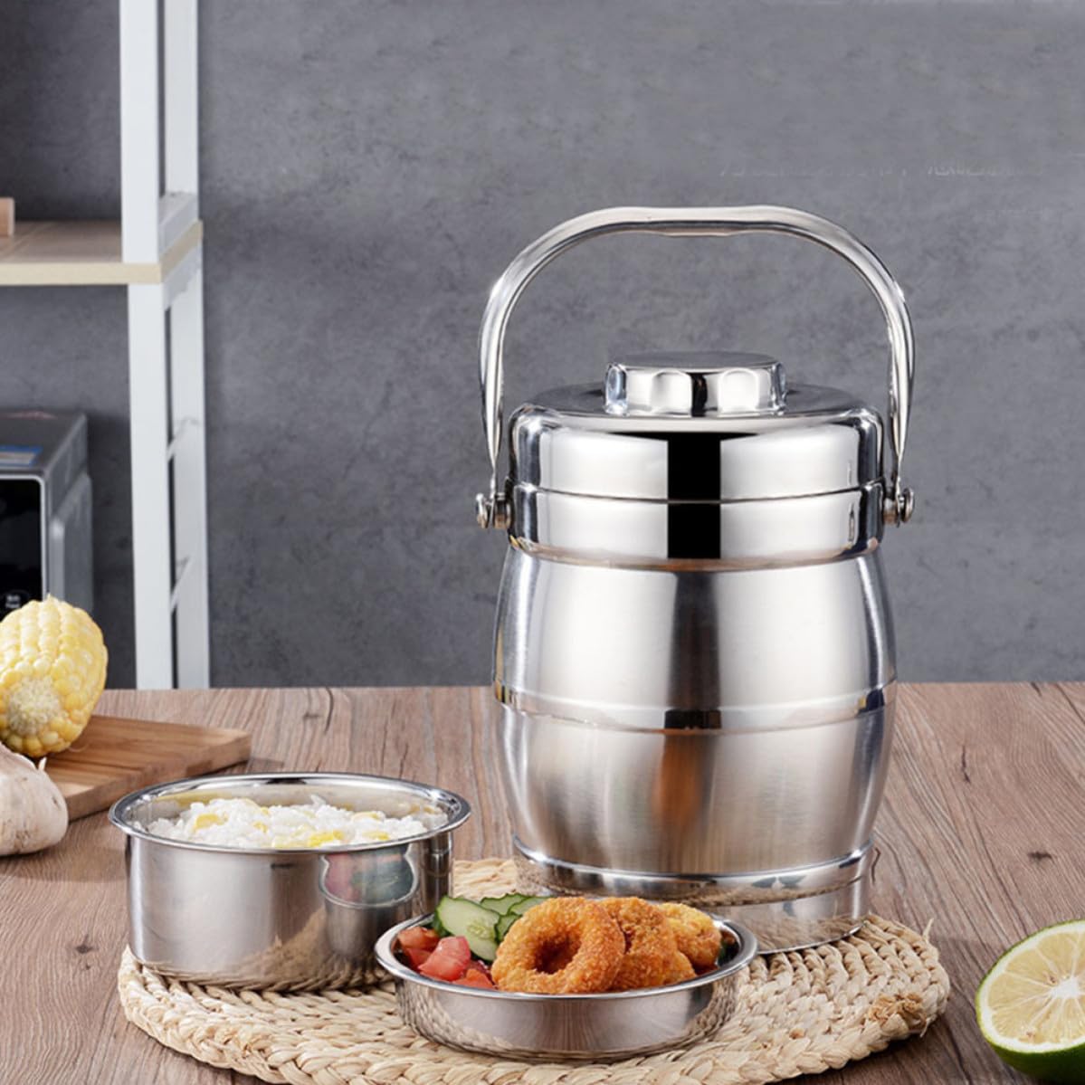 Fiambrera Portátil Térmica de Acero Inoxidable Doble Capa y Tapa Hermética, Capacidad 3l, Mantiene la Comida Caliente por 6 Horas Adecuado para Oficina y Escuela