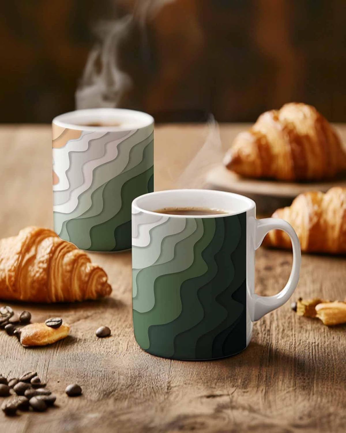 BEMIGO Ceramic Coffee Mug Summer Beach Waves Ceramic Mug White Cup, Sage Green Abstract Insulated Coffee Cup with Handle with Pattern Perfect for Tea and Hot Beverages, 12oz