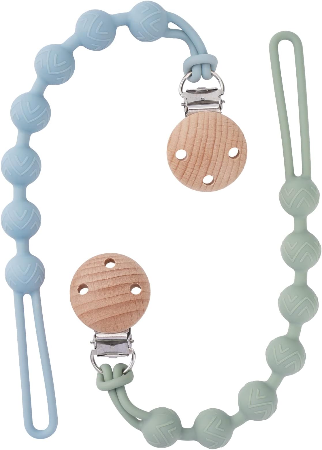 Silicone Dummy Clip for Baby Boys and Girls, One Piece Pacifier Clips, Wooden Soother Clips Design, Fits Most Pacifiers and Teething Toys, 2 Pack (Sage+Ether)