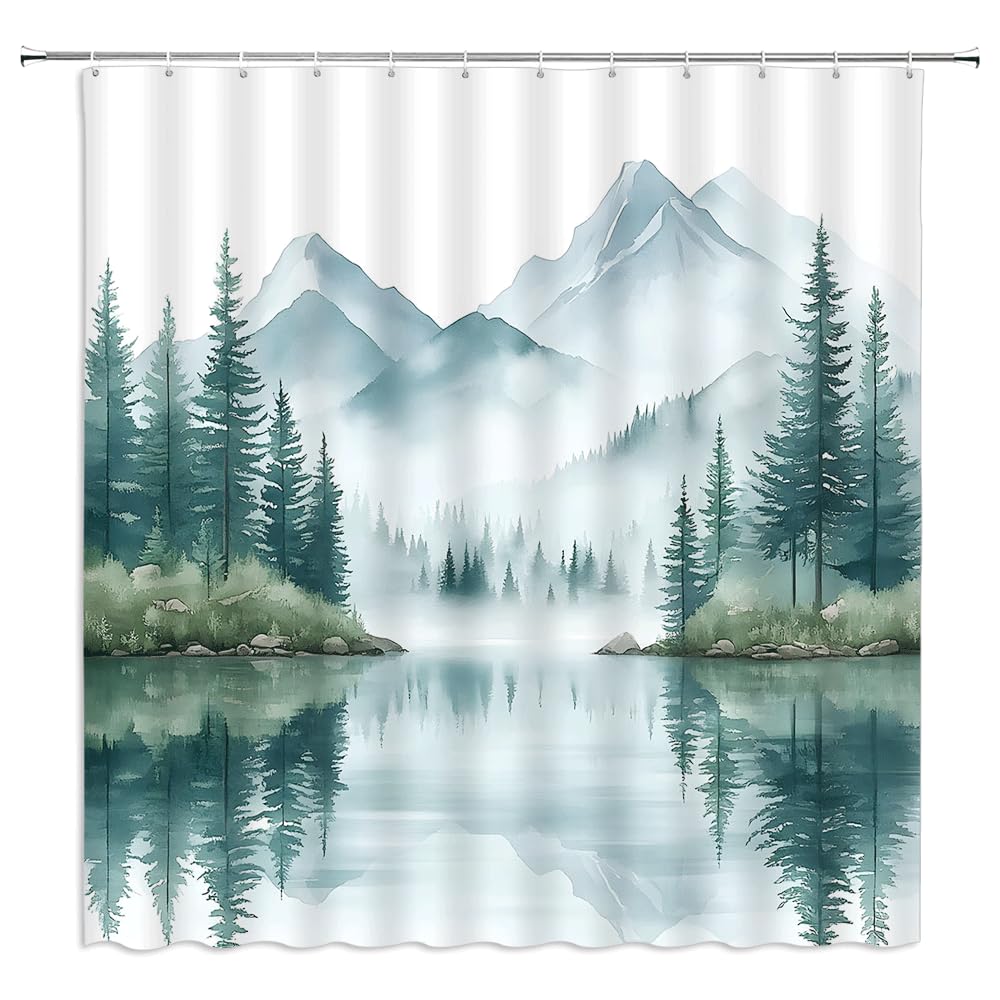 UOZXOML Green Misty Forest Shower Curtain Abstract Foggy Jungle Watercolor Pine Woods Tree Mountain Lake Natural Scenery Landscape Fabric Bathroom