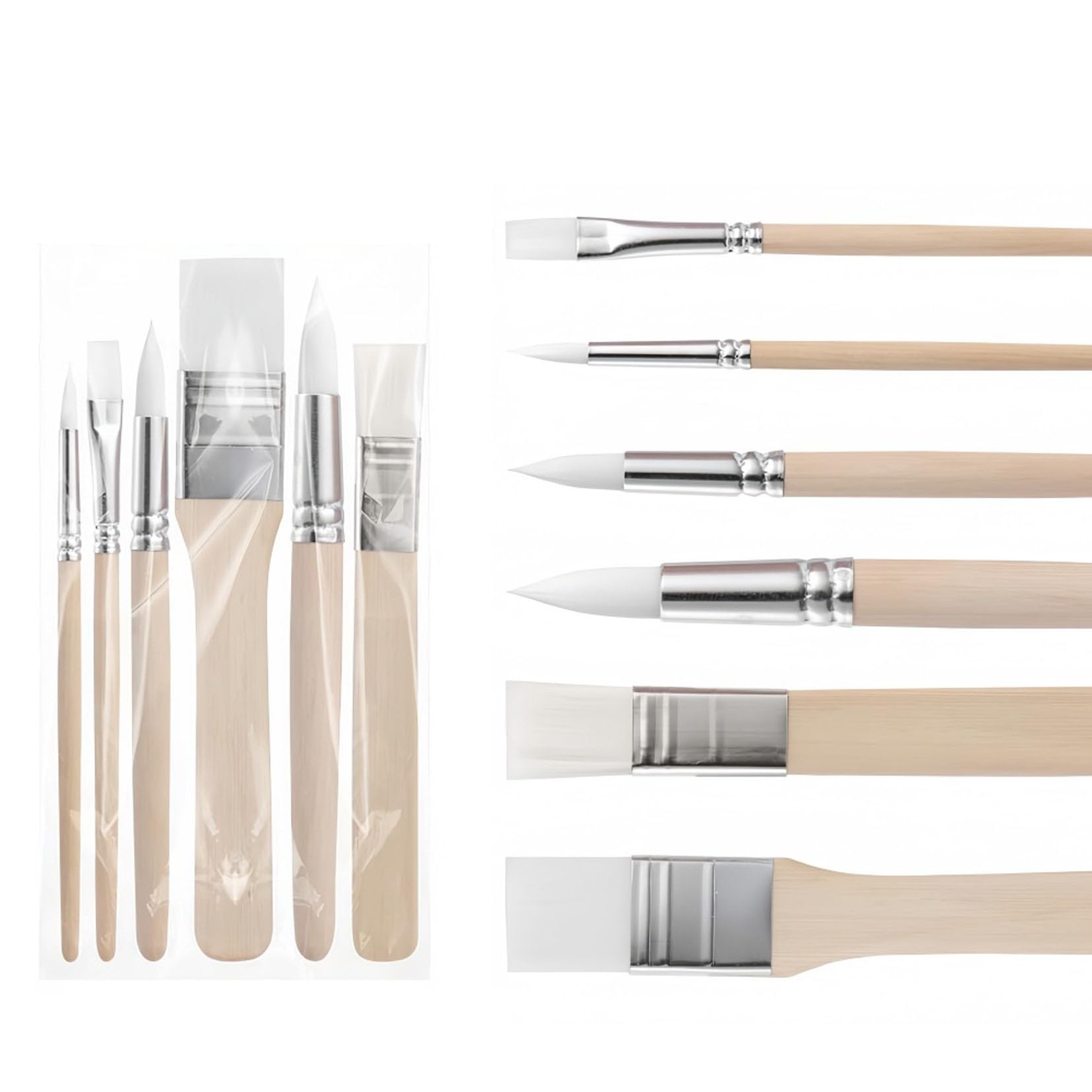 Paint Brush, Nylon, Set of 6, Painting Brushes, Flat and Round, Short Brush, Multipurpose, Portable, Acrylic Paints, Watercolor, Oil Painting, Plastic Model, For Painting, Adults & Kids white