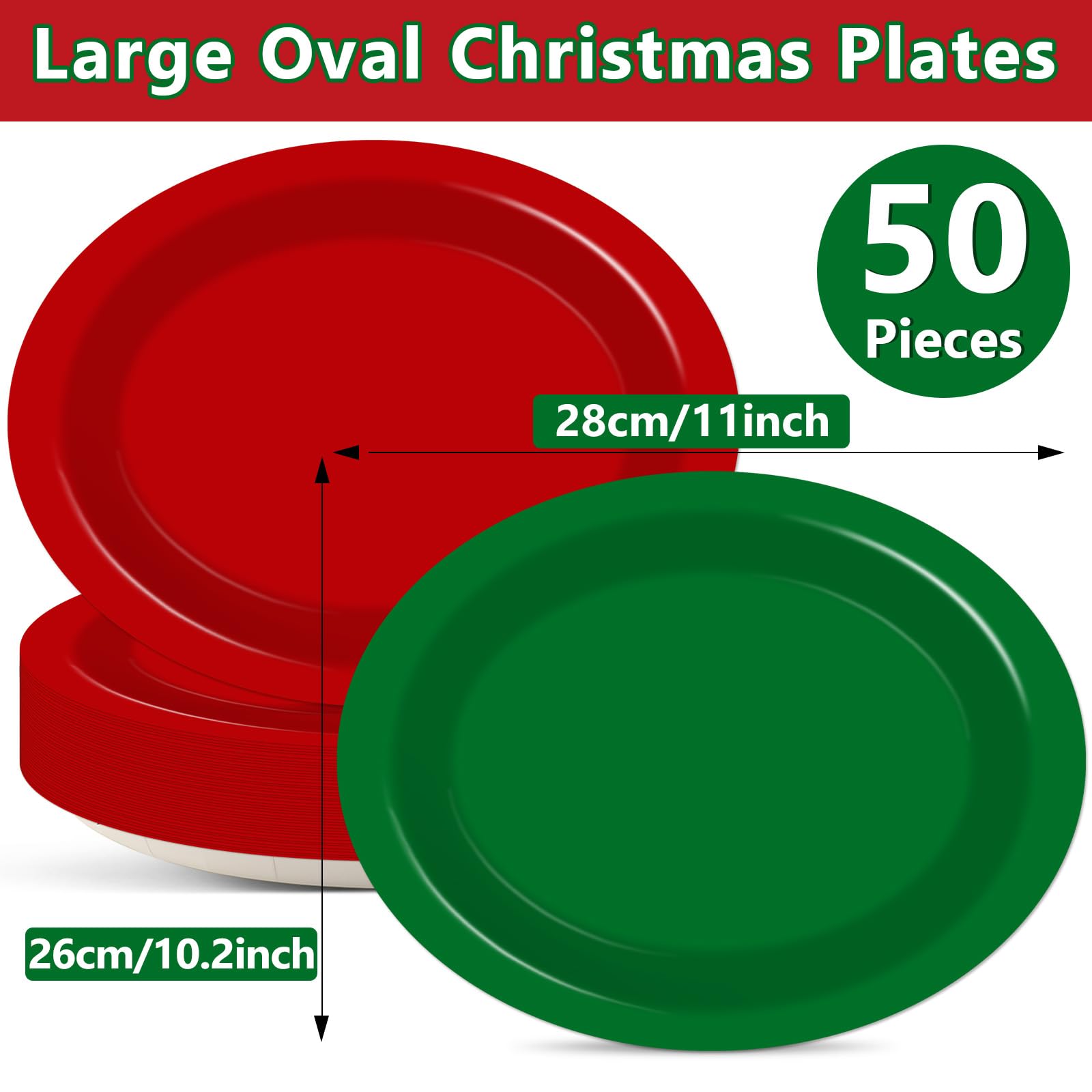 50 platos de papel ovalados de Navidad a granel, grandes, desechables, de 11 pulgadas, color rojo y verde, bandeja de platos resistente para Navidad, invierno, vacaciones, fiesta de cumpleaños,