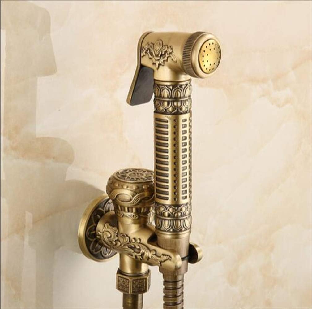 Antique Brass Hand Held Bidet Spray Shower Set Copper Bidet Sprayer Lanos Toilet Bidet Faucet Lavatory Gun Wall Mounted Toilet,Shower Holder (Gold B)