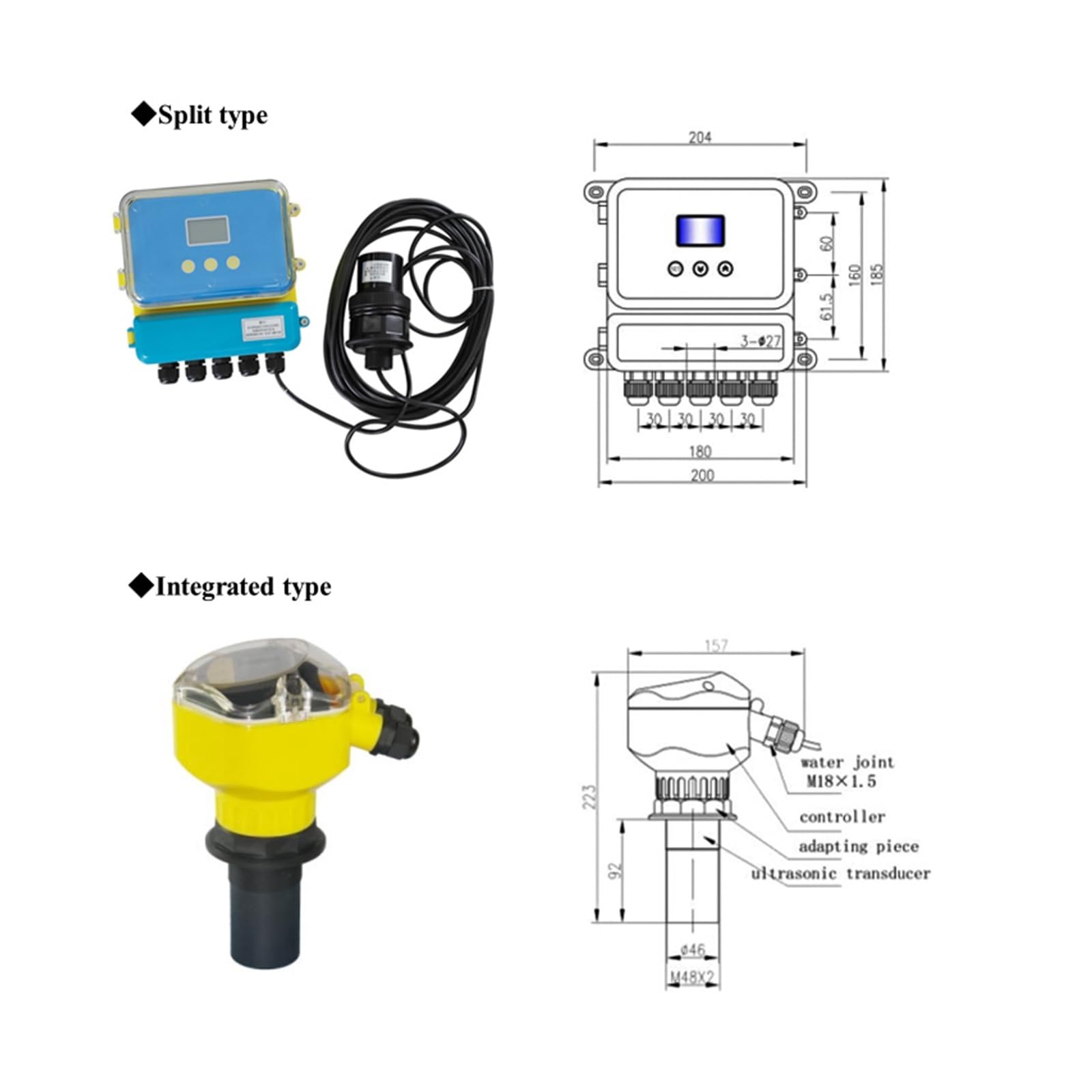 Medidor de flujo ultrasónico canal/drenaje abierto, medidor agua río Sensor líquido RS485 (opcional) 4-20 mA, transmisor sin contacto Fácil de configurar(Integrated RS485)
