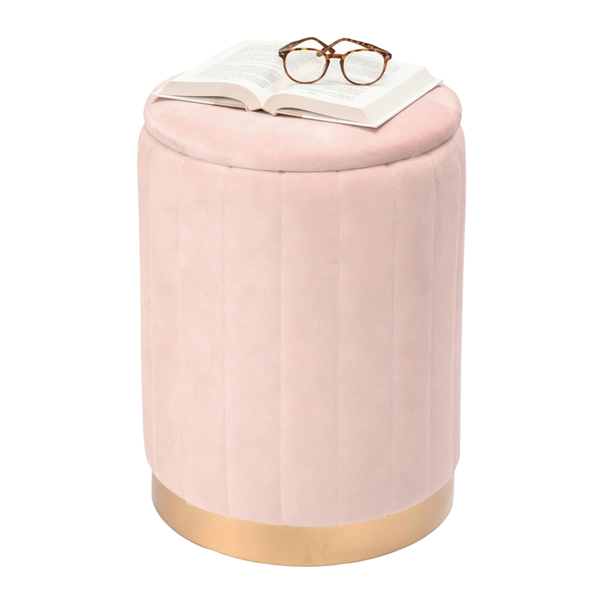 Sgabello Relaxdays in Velluto, con Contenitore, Imbottito, HxP: 42 x 32 cm, Rotondo, Soggiorno, Rosa Antico