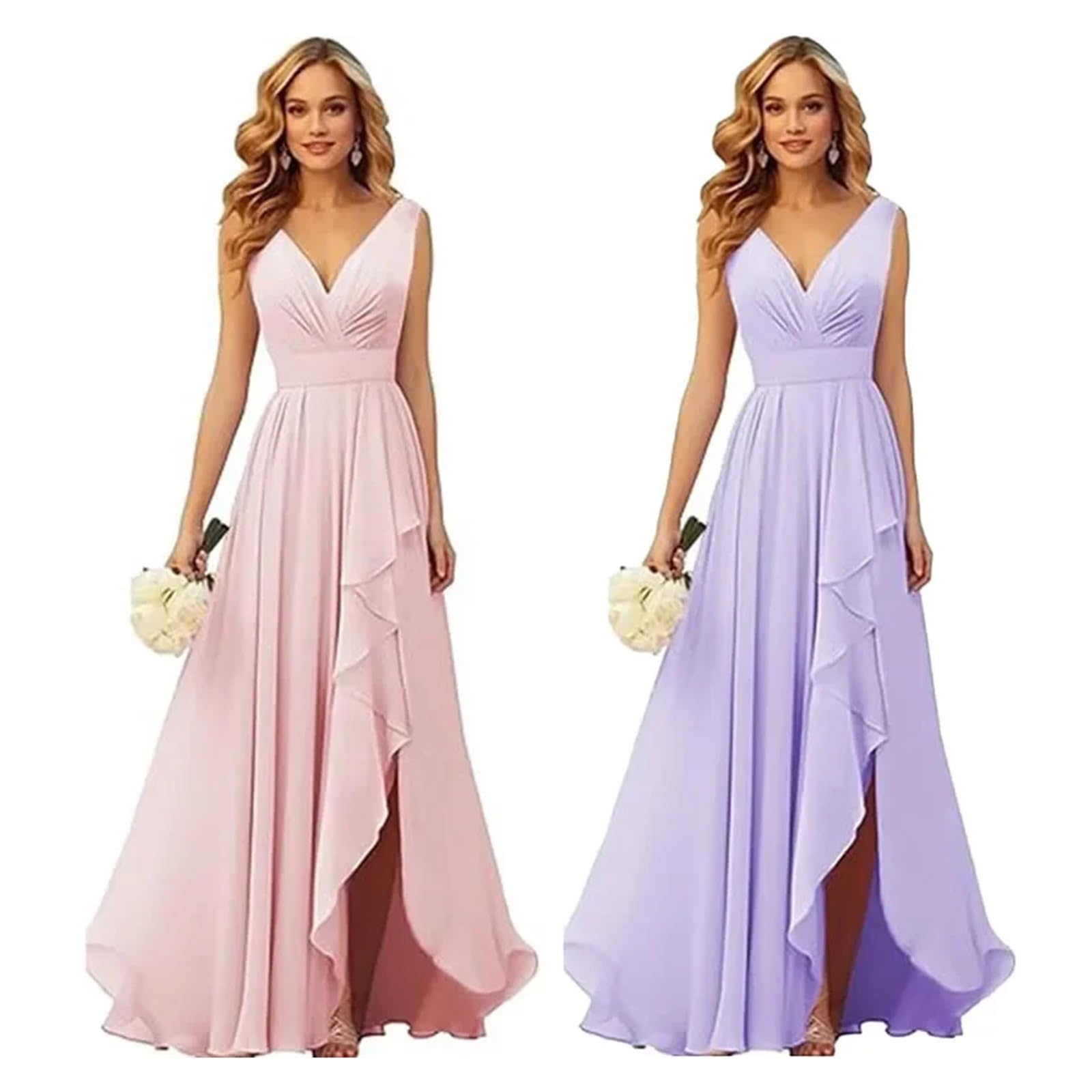 V-Ausschnitt Chiffon Plissee Schlitz Elegante rückenfreie Brautjungfernkleider Hochzeitsfeier Gast Formelle Abendkleider Bodenlang(White,16W)