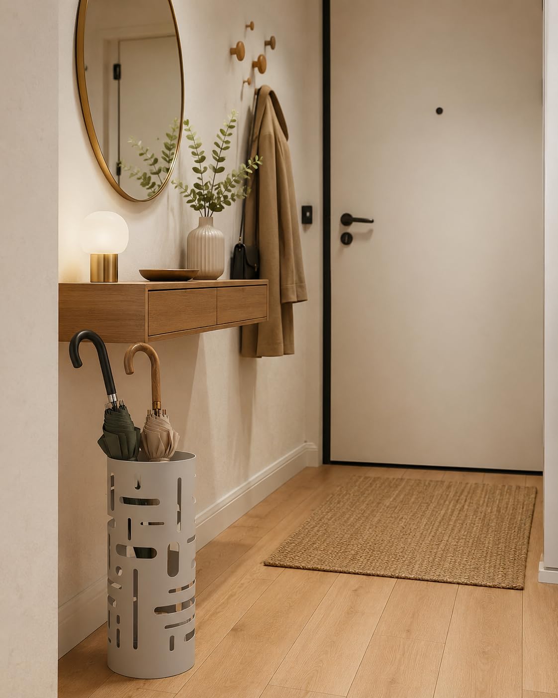 NORDIQ - Paraguero Metálico - Paragueros Modernos y Decorativos - Paragueros Originales para Entrada, Recibidor, Oficina o Comercio | Paragüero de Diseño Elegante y Funcional - Diseño Lineal - Beige