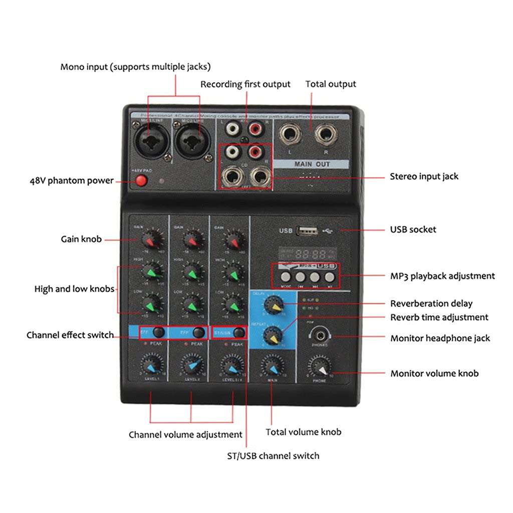 Interfaccia USB Alimentazione di Ingresso del Computer Mixer Audio a 4 canali F-4a Console di missaggio Audio Portatile Compatibile con Bluetooth