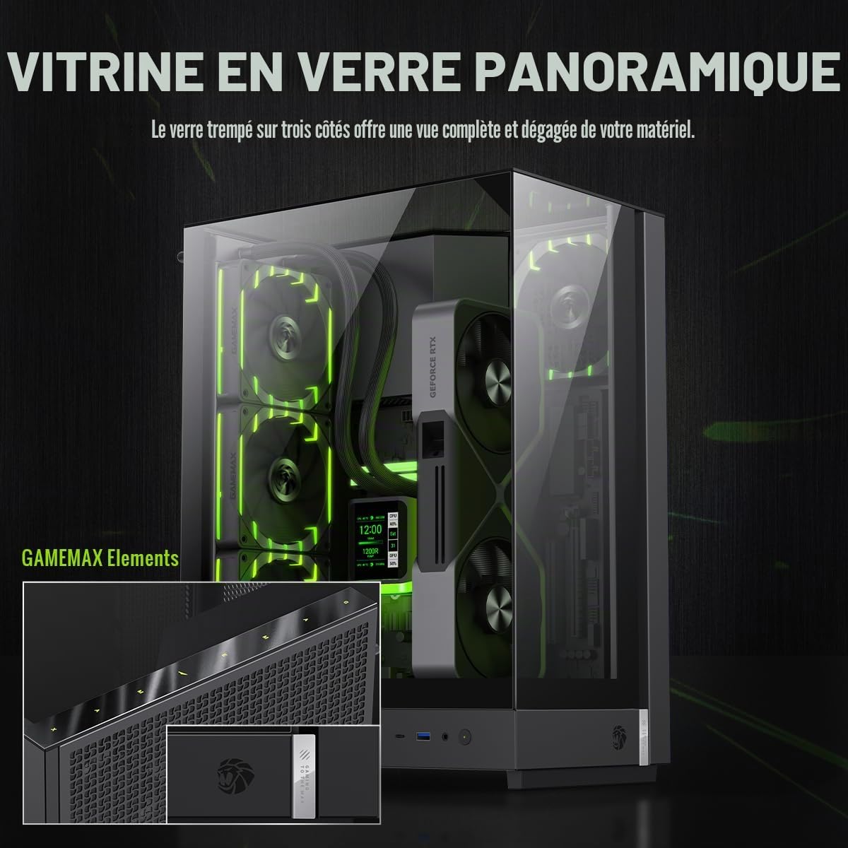 GAMEMAX T20 BK Boîtier PC Gamer Noir Micro-ATX Verre Trempé 270° Aquarium 90° Carte Mère GPU Vertical 2×120mm ARGB Radiateur 360mm SFX BTF-Ready pour RGB Gaming