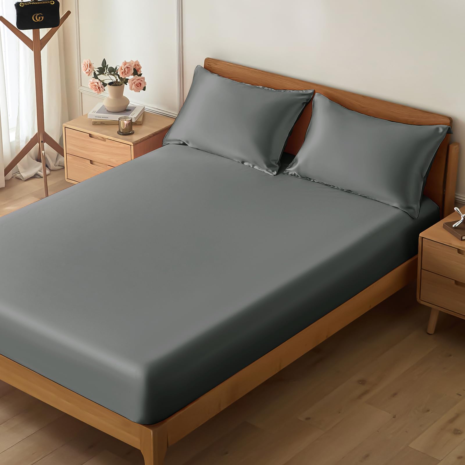 VACVELT 3-Piece Satin Fitted Sheet Set Queen Size Grey Bottom Bed Sheet with 2 Pillowcases Similar to Silk