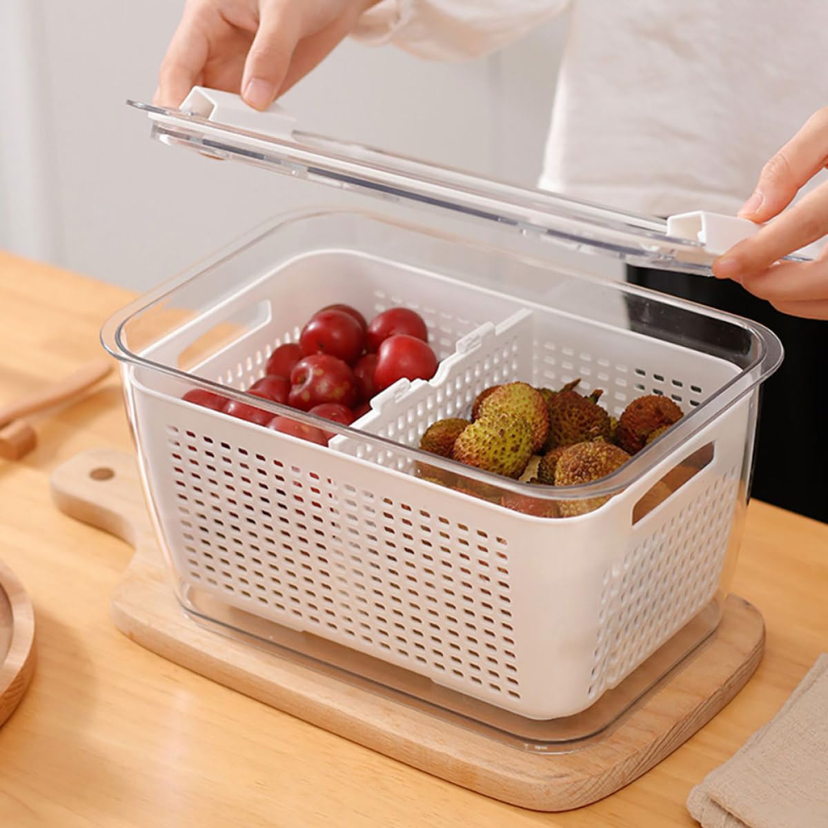 Gadpiparty Lot de 2 Boîtes à Fruits et Légumes Panier d'Égouttage Double Compartiment 17L et 45L en Plastique Blanc Organisateur Réfrigérateur Réutilisable pour Conservation Fraîcheur
