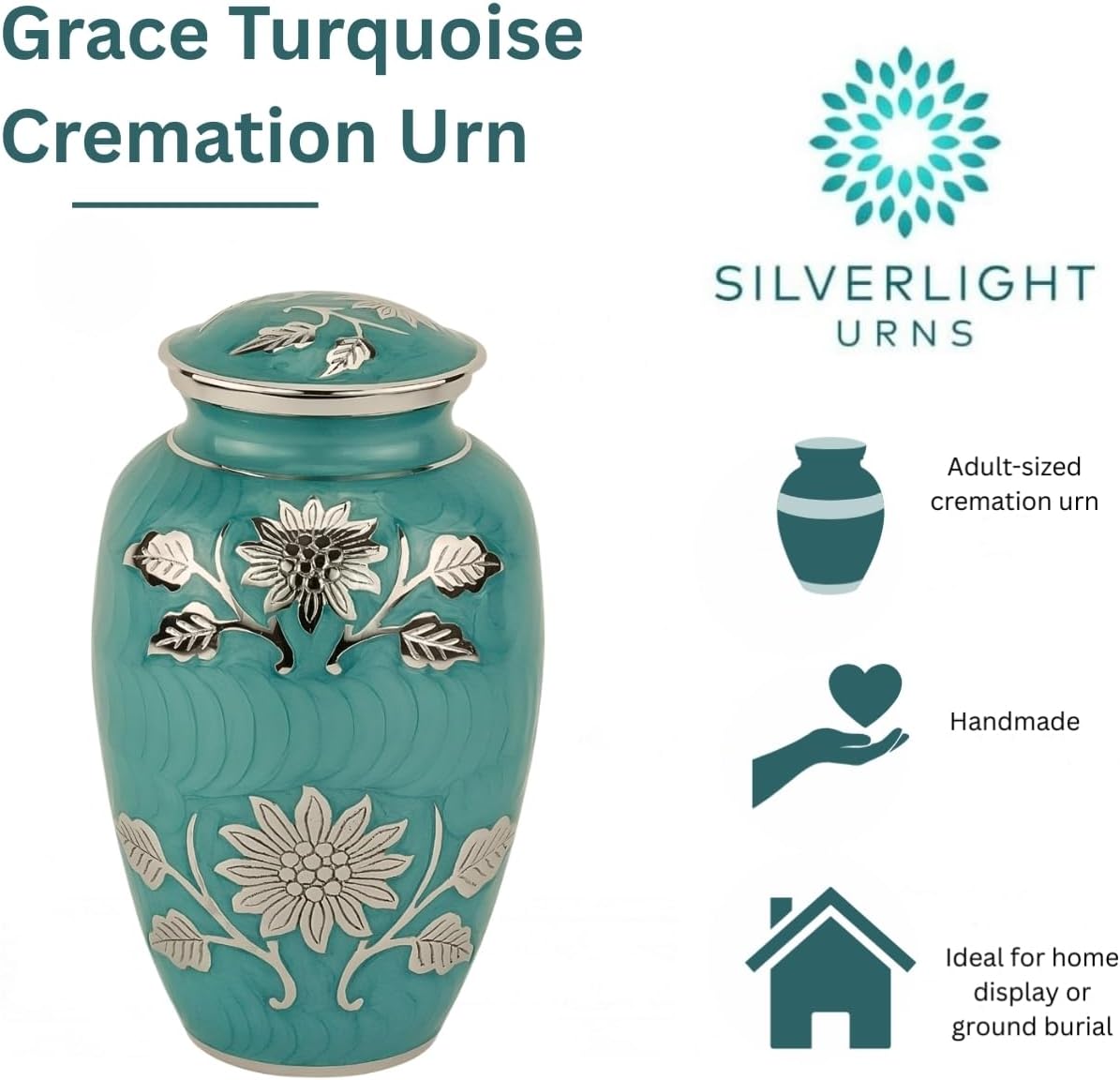 Grace Turquoise Cremation Urn for Ashes, Brass, Blue Green Urn, Adult Sized Cremation Urn, 10.25 Inches High