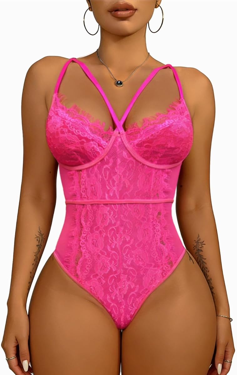Buitifo Body sexy para mujer Lencería Babydoll de una pieza | Camiseta sin mangas de encaje transparente con cuello en V Camisola transparente Entrepierna a presión