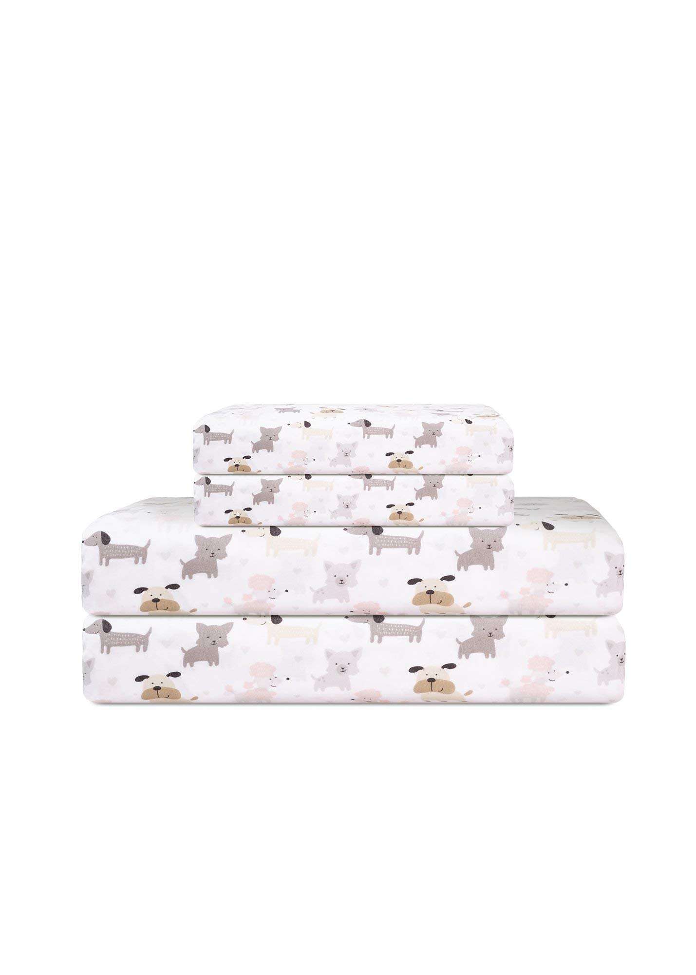 Beatrice Home FashionsPrinted Microfiber Sheet Set, Soft Comfortable Easy Care, Includes 1 Fitted Sheet with 12" Deep Pockets, 1 Flat Sheet, Pillowcase, Queen, White Puppy Love