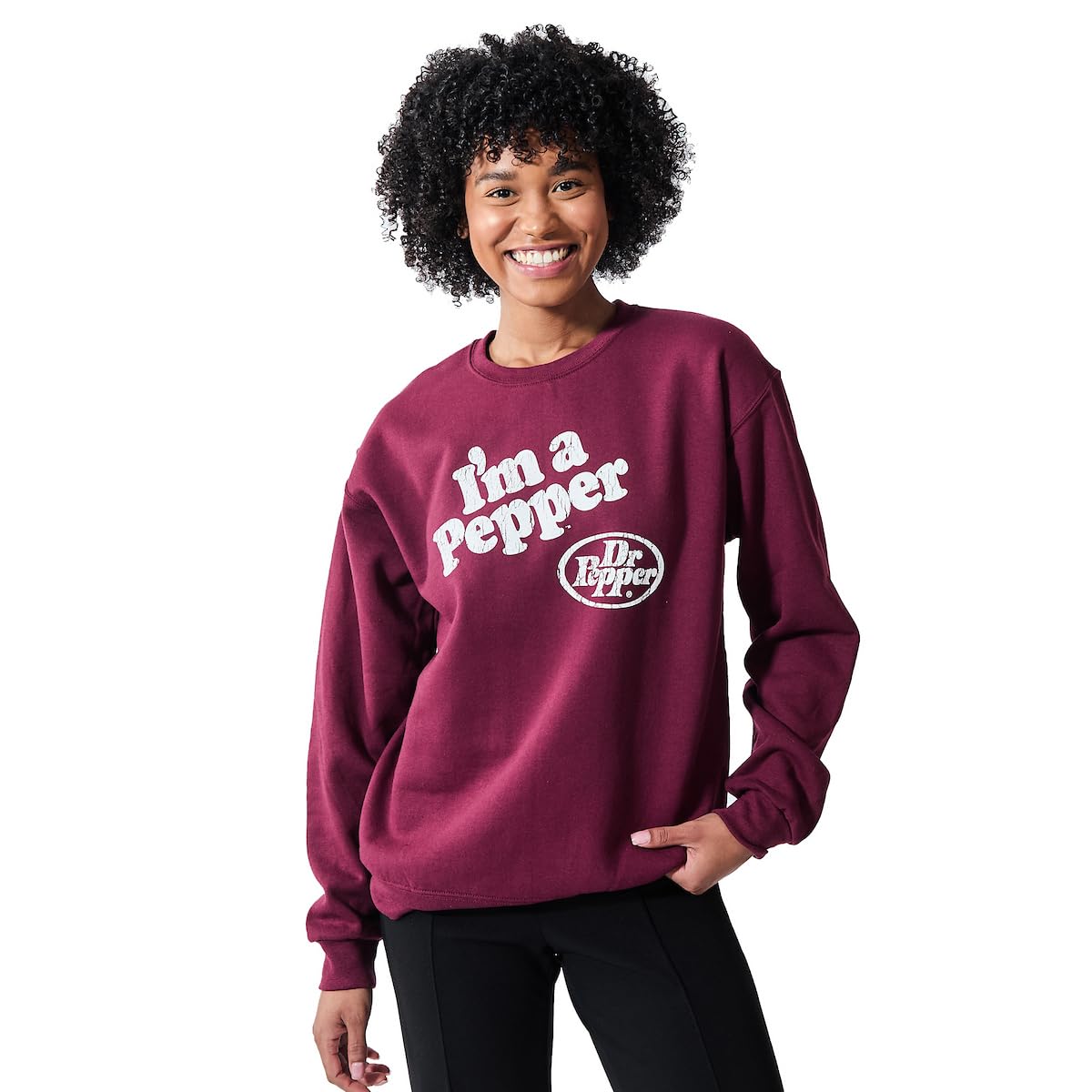 Bioworld Women's Dr Pepper I’m A Pepper ’S Burgundy Crew Neck Long Sleeve Sweatshirt, S