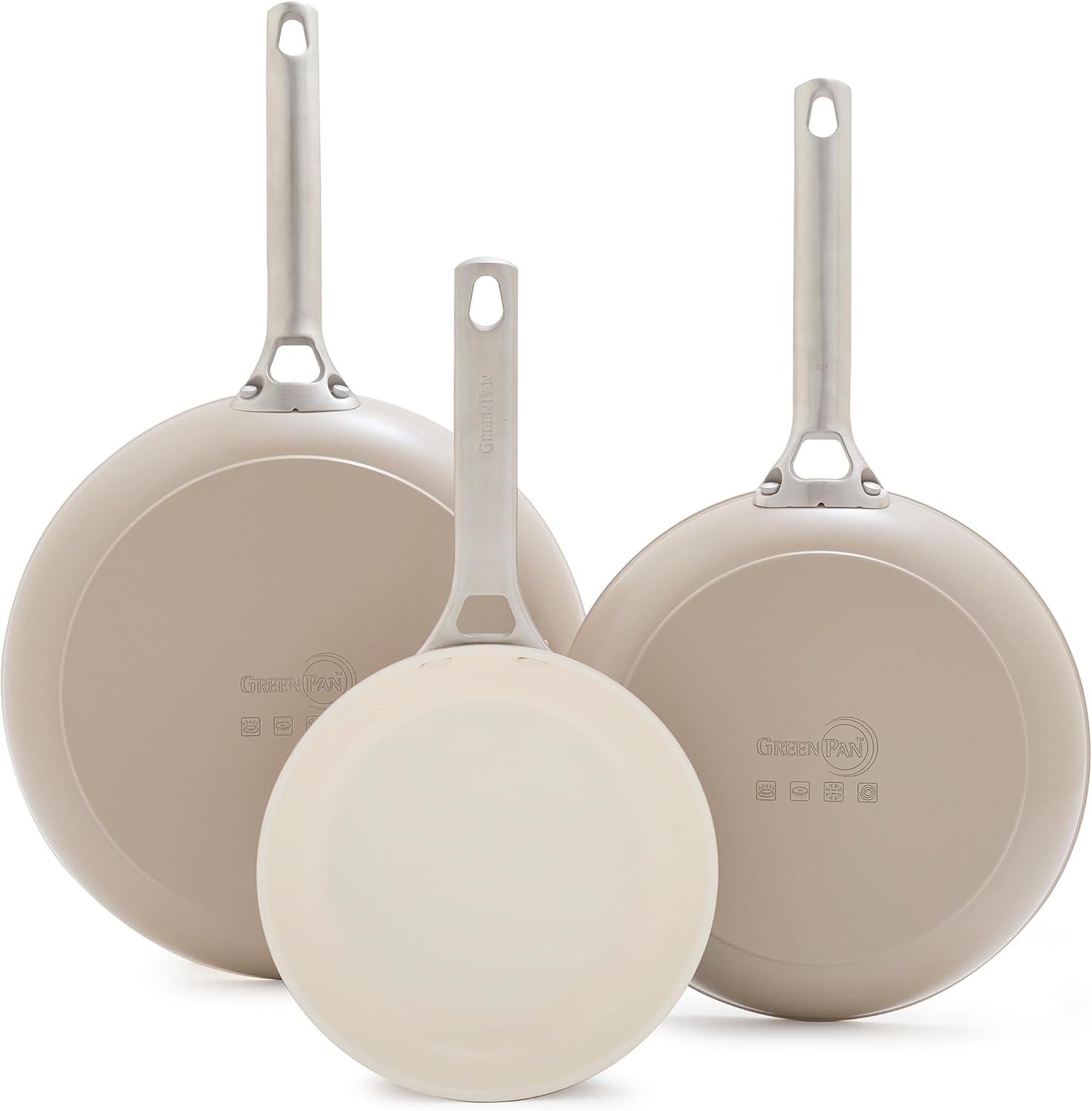 GreenPan 8" 10" & 12" 3 Piece Frying Pan Skillet Set, Hard Anodized Ceramic Nonstick, PFOA and PFAS-Free, Stainless Steel Handles, Dishwasher Safe, Oven Safe, Clay
