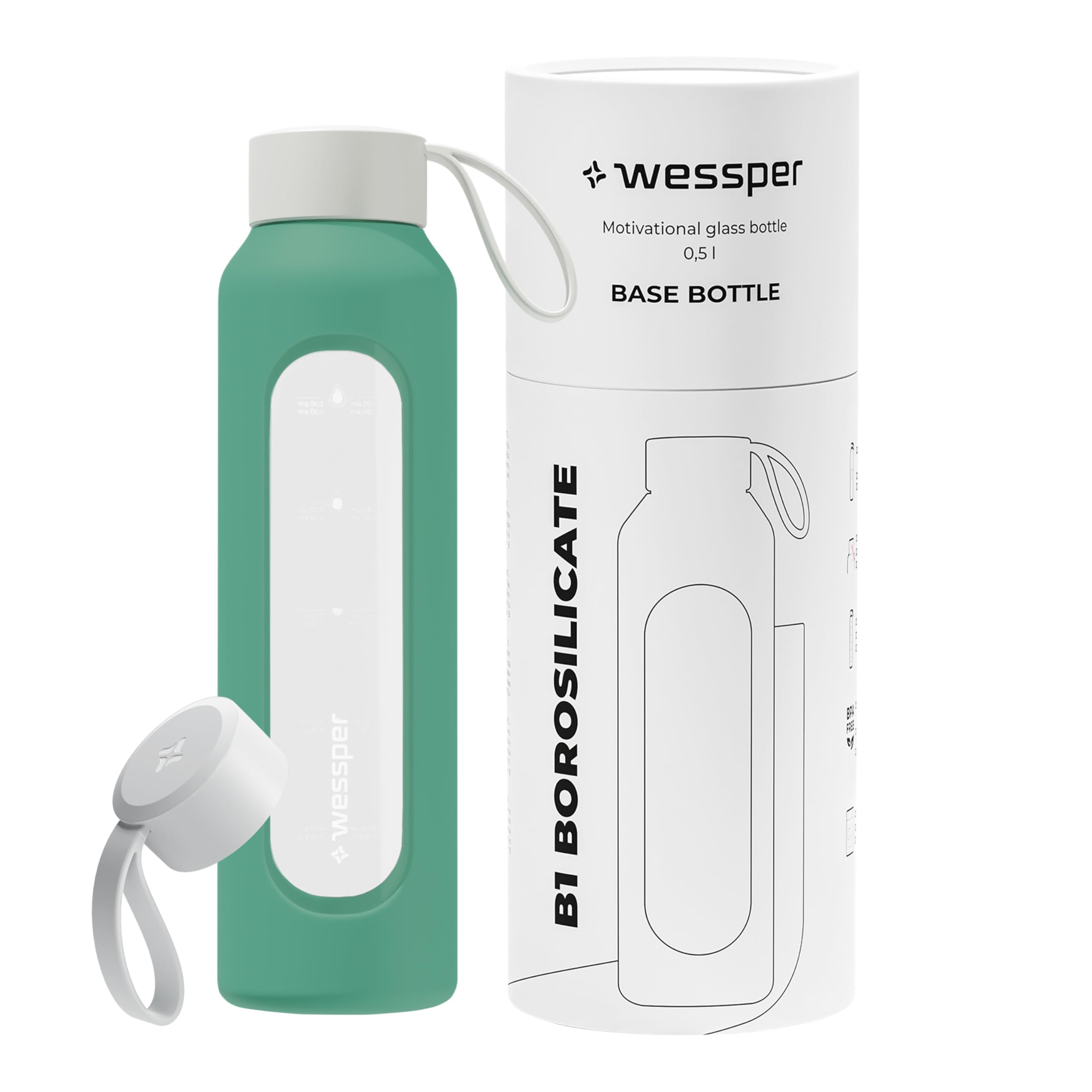 Wessper Botella de Agua Cristal, Botella 500 ml Motivadora con Escala de Hidratación, Botellas de Vidrio Borosilicato con Funda de Silicona, Material Seguro sin BPA - Violeta — view 13