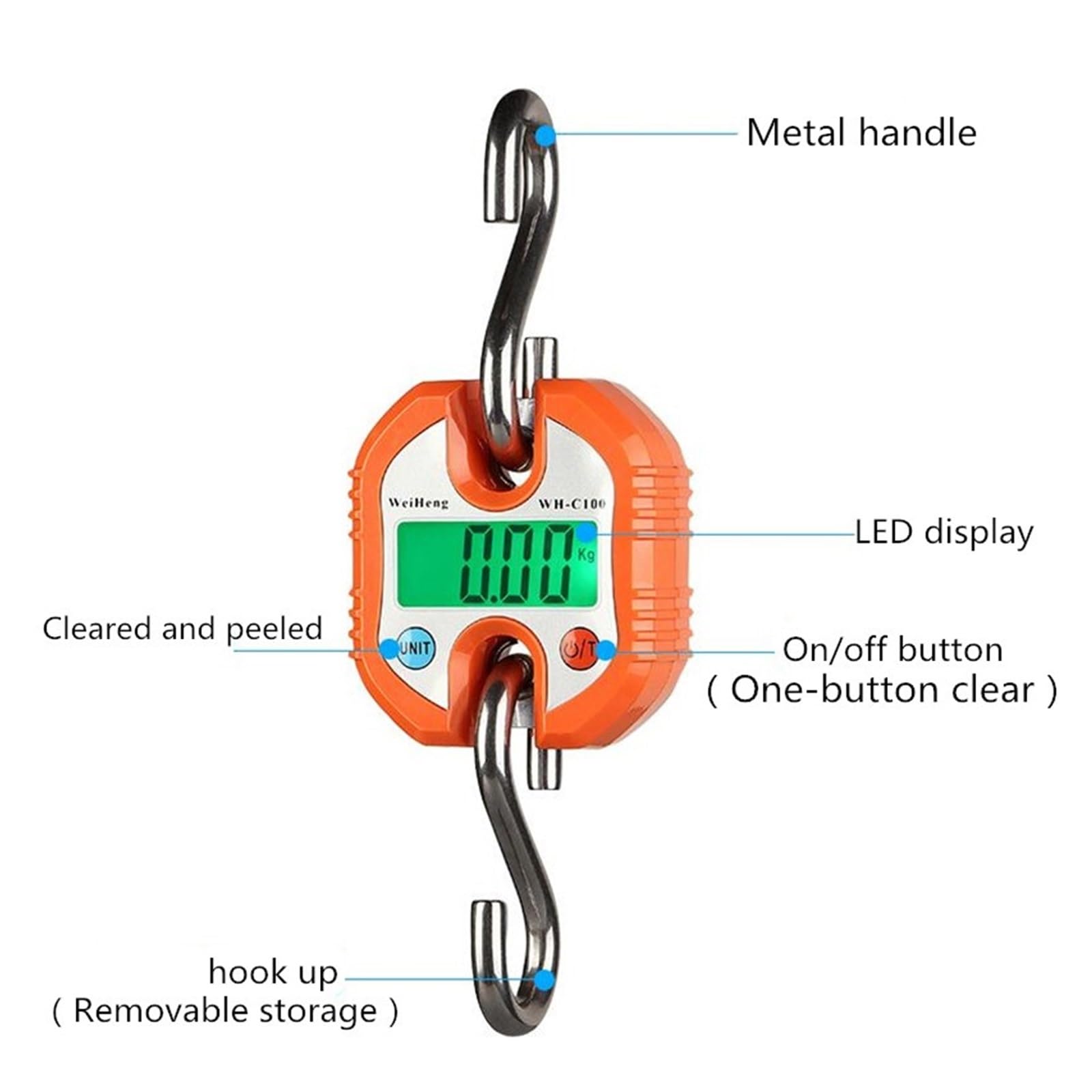 150/200/500 kg waga dźwigowa, wytrzymały hak do ważenia, przenośna elektroniczna cyfrowa waga dźwigowa Steelyard LCD(Orange 150kg 0.01g)