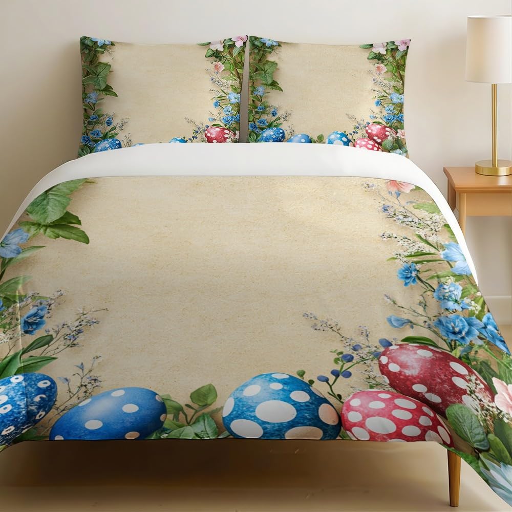 Housse de couette 220x240 Pâques beige en microfibre avec ses 2 taies d'oreiller