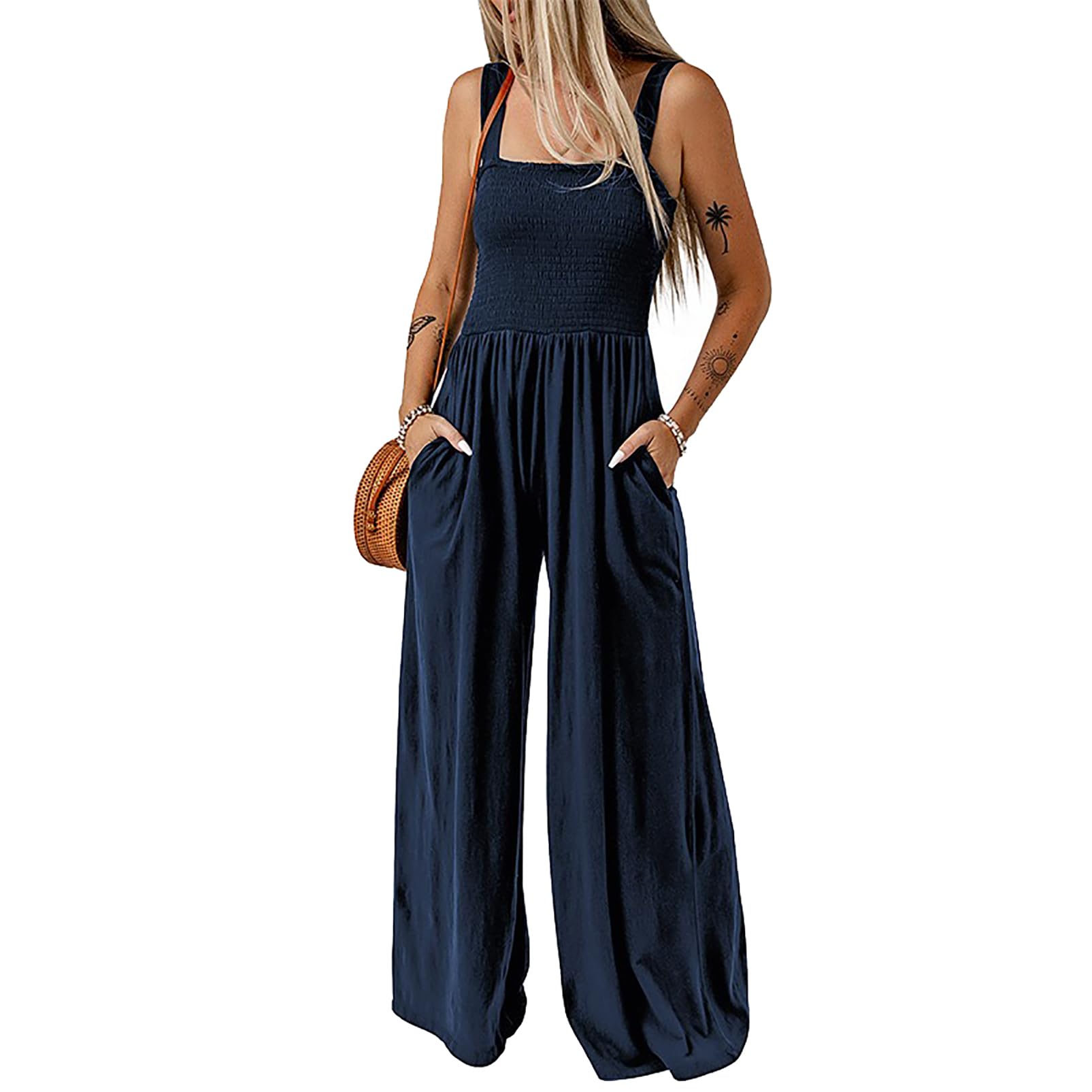 CUTTE Lässige Lockere Latzhose für Damen, Lange Latzhose Weites Bein Ärmellose Träger Baggy-Strampler Overalls mit Taschen Damen Arbeitshose