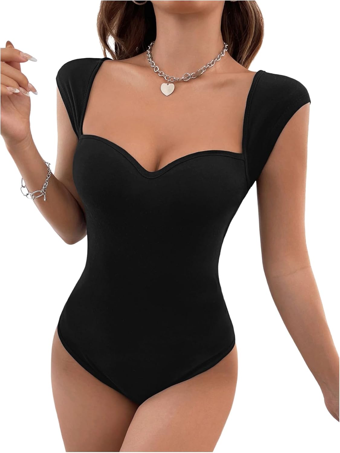 SweatyRocks Women's Sweetheart Neck Fitted Bodysuit Cap Sleeve Casual Summer Leotards