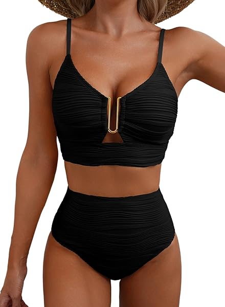 Herseas 2 Piece Bikini Set U-Wire Cutout Popular Swimsuit High Waisted Textured 2026 Summer Beach Swim Bathing Suits