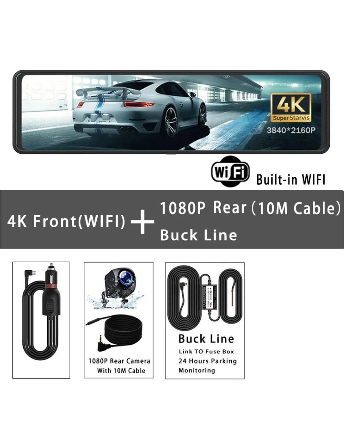 Dashcam Cámara De Salpicadero para Coche 11,26" 4K 2160P GPS WiFi DVR Espejo Retrovisor Doble Lente Pantalla IPS Grabadora Conducción En Directo Cámara Coche(4K-1080P-6M-BL 32G)