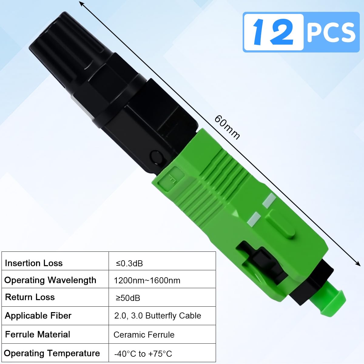12 Pz Connettore Rapido per Fibra Ottica SC APC,Connettore Rapido in Fibra con Filo di Cuoio Incorporato,Connettori a Freddo Veloci in Fibra Ottica SC/APC per Rete CATV