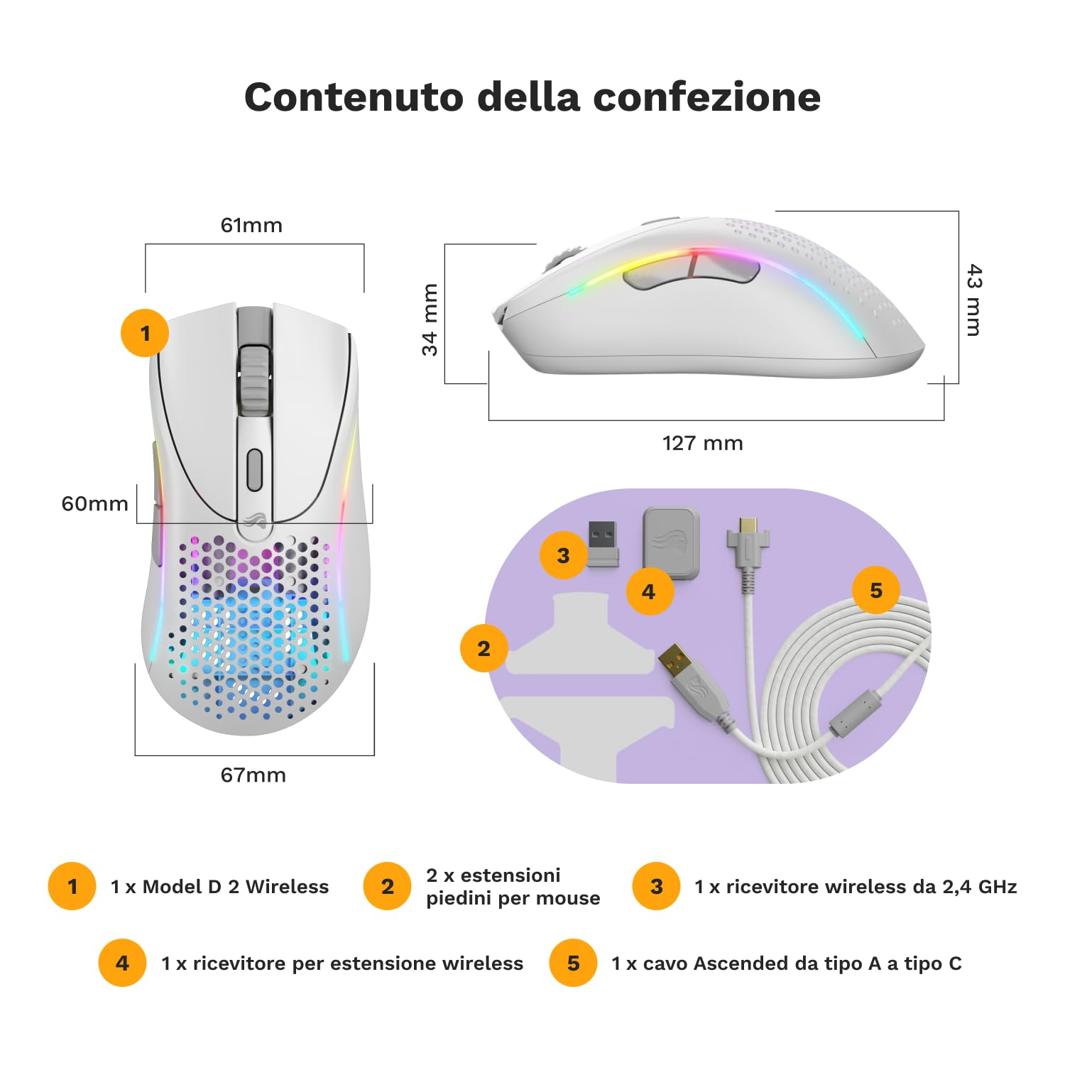 GLORIOUS Gaming Model D 2 Mouse da gaming senza fili - erg., superlegg. 66 g, durata batt. 210 h, sens. ottico 26.000, 6 tasti programm., ciclo vita 80 milioni clic, sparatutto, MMO, MOBA - Bianco
